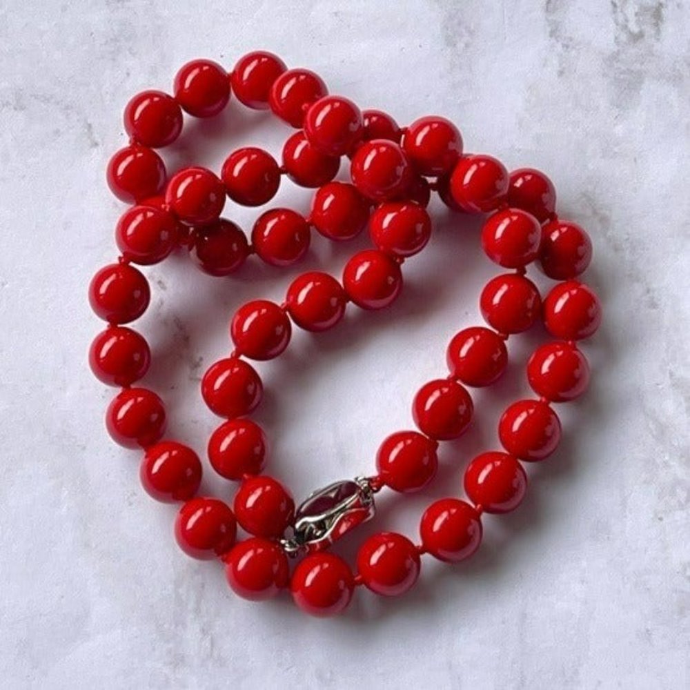 New 8mm Red Round Sea Shell Pearl Beaded Necklace 18in - Picture 5 of 9
